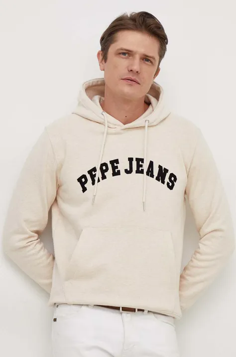 Βαμβακερή μπλούζα Pepe Jeans Rane χρώμα: μπεζ, με κουκούλα