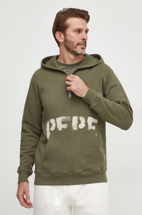 Хлопковая кофта Pepe Jeans ROLF мужская цвет зелёный с капюшоном принтом PM582565