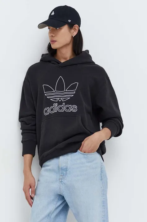 Памучен суичър adidas Originals Trefoil Hoodie в черно с качулка с апликация IU2373