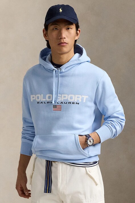 Polo Ralph Lauren bluză bărbați, culoarea alb, cu glugă, cu imprimeu, 710938447