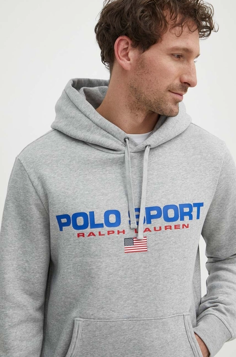 Polo Ralph Lauren bluză bărbați, culoarea gri, cu glugă, imprimeu 710938447