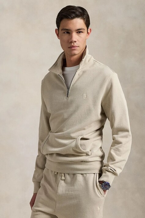 Хлопковая кофта Polo Ralph Lauren мужская цвет бежевый однотонная 710934601
