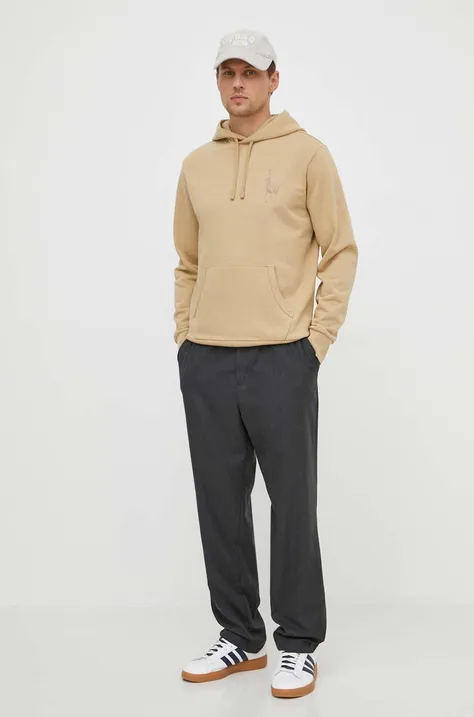 Bavlnená mikina Polo Ralph Lauren pánska,béžová farba,s kapucňou,s nášivkou,710936510