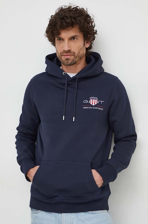 Gant bluza barbati, culoarea albastru marin, cu glugă, cu imprimeu