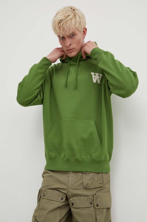Wood Wood hanorac de bumbac Cass AA Moss Embroidery Hoodie bărbați, culoarea verde, cu glugă, cu imprimeu, 10285606.2424