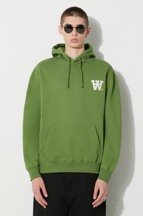 Бавовняна кофта Wood Wood Cass AA Moss Embroidery Hoodie чоловіча колір зелений з капюшоном з аплікацією 10285606.2424