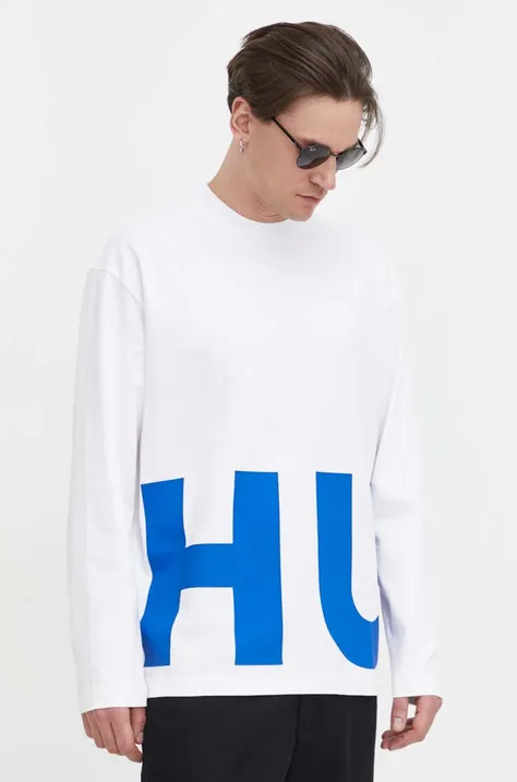 Bavlněné tričko s dlouhým rukávem Hugo Blue bílá barva, s potiskem, 50509775