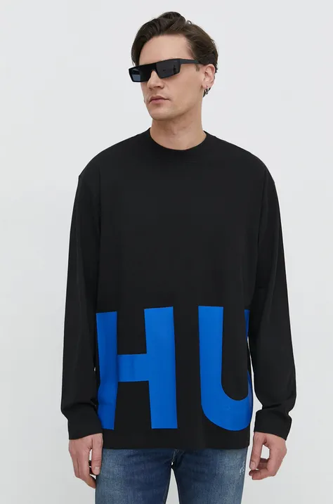Bavlnené tričko s dlhým rukávom Hugo Blue čierna farba, s potlačou