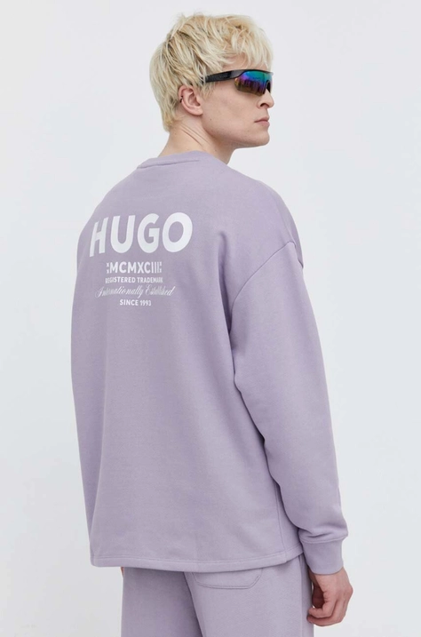 HUGO Blue hanorac de bumbac bărbați, culoarea violet, cu imprimeu 50510732