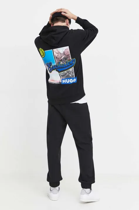 Bombažen pulover Hugo Blue moška, črna barva, s kapuco