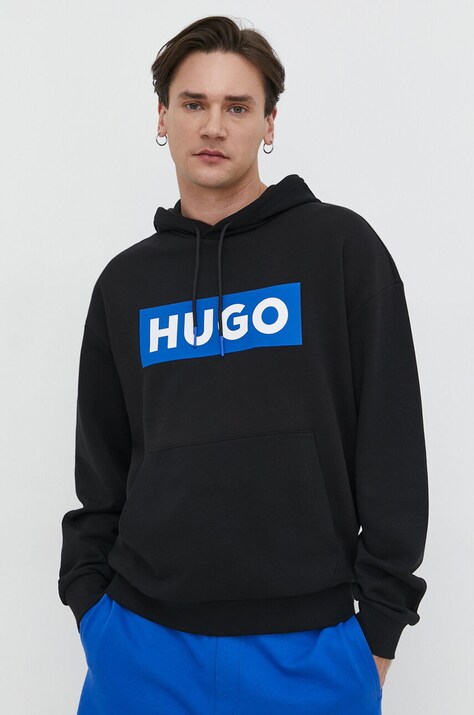 HUGO Blue bluză bărbați, culoarea negru, cu glugă, imprimeu 50522370