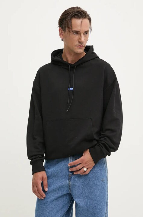 Хлопковая кофта Hugo Blue Nalonso мужская цвет чёрный с капюшоном однотонная