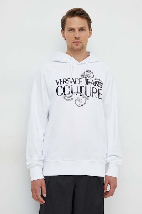 Versace Jeans Couture hanorac de bumbac barbati, culoarea alb, cu glugă, cu imprimeu