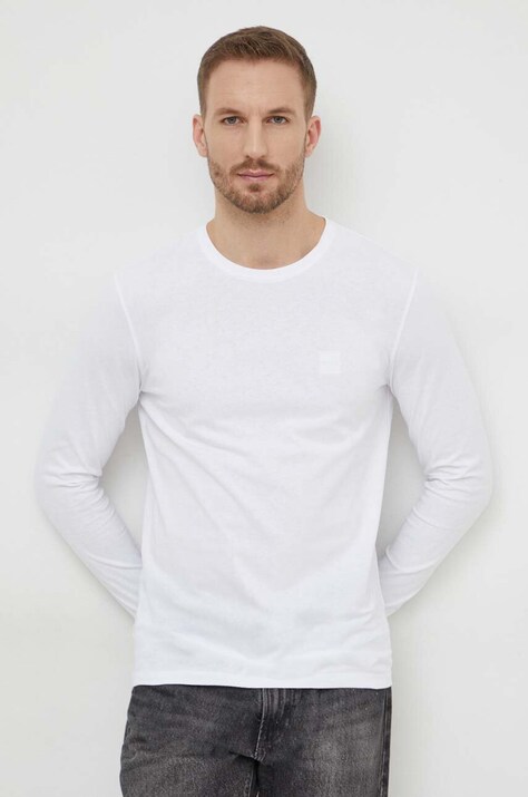 BOSS Orange longsleeve din bumbac culoarea alb, cu imprimeu