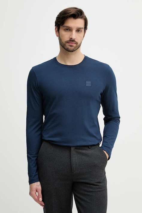 Bavlnené tričko s dlhým rukávom BOSS Orange béžová farba, s nášivkou