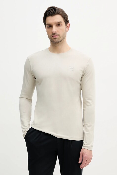BOSS Orange longsleeve din bumbac culoarea bej, cu imprimeu
