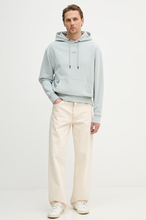 BOSS Orange bluza bawełniana męska kolor szary z kapturem z nadrukiem