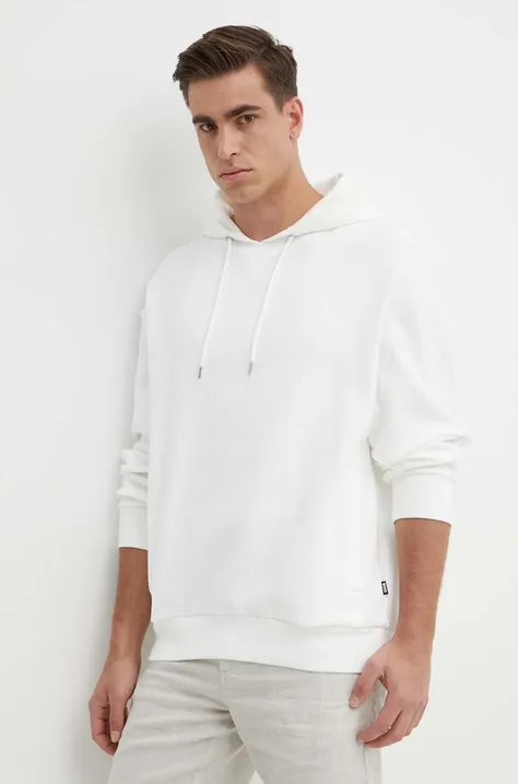 Bombažen pulover BOSS moški, bela barva, s kapuco, 50512157