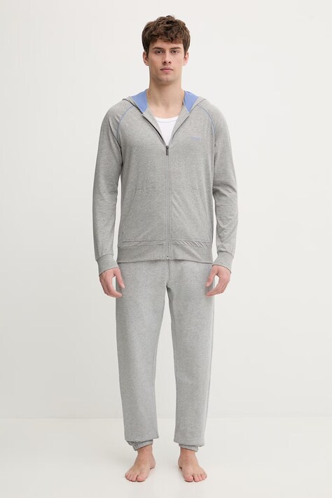 BOSS bluza lounge kolor szary z kapturem gładka