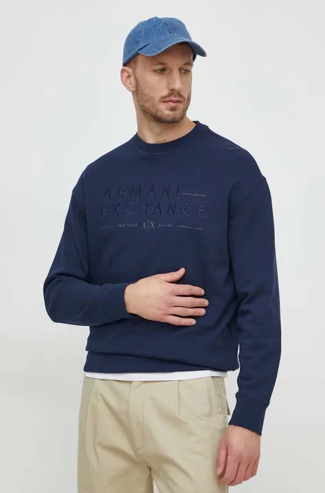 Armani Exchange vászonkeverék pulóver sötétkék, nyomott mintás