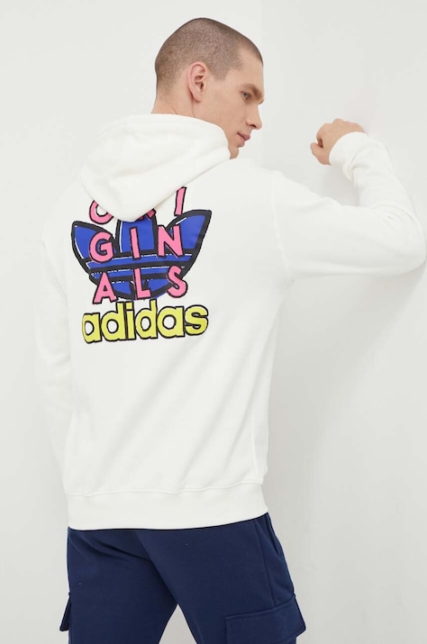 adidas Originals hanorac de bumbac bărbați, culoarea bej, cu glugă, cu imprimeu IS2916