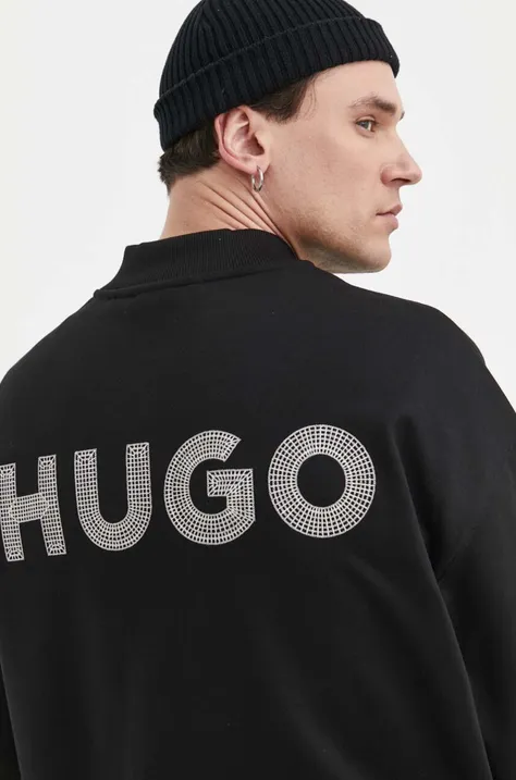 Хлопковая кофта HUGO мужская цвет чёрный с аппликацией