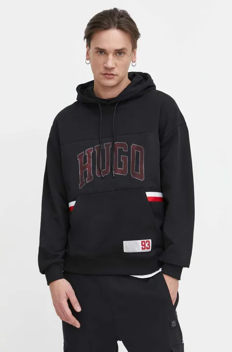 Хлопковая кофта HUGO мужская цвет чёрный с капюшоном с принтом