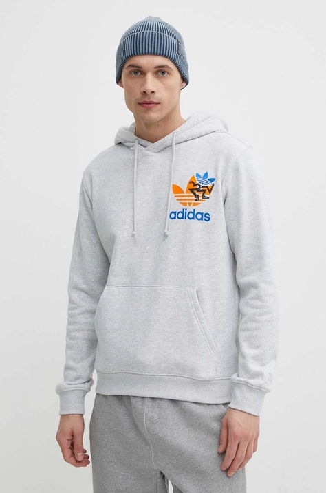 Pamučna dukserica adidas Originals Trefoil Hoodie za muškarce, boja: siva, s kapuljačom, tiskom