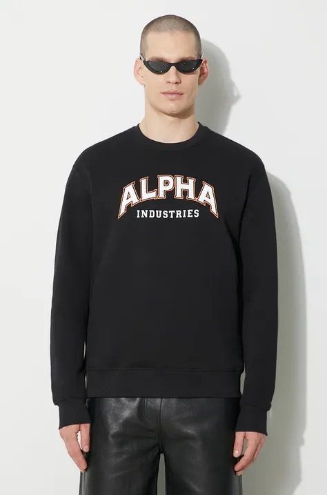 Mikina Alpha Industries College Sweater pánska, čierna farba, s potlačou, 146301