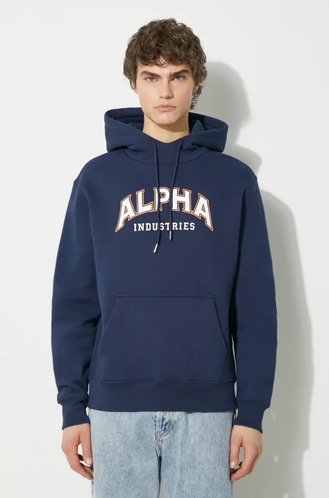 Mikina Alpha Industries College Hoody pánská, tmavomodrá barva, s kapucí, s potiskem, 146331