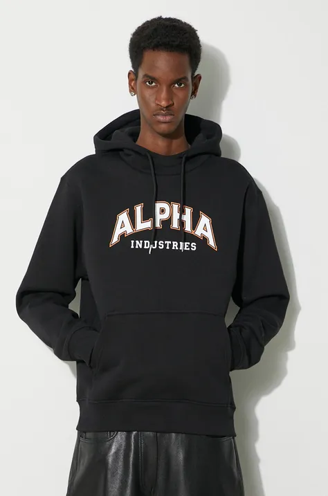 Alpha Industries bluza College Hoody barbati, culoarea negru, cu glugă, cu imprimeu, 146331