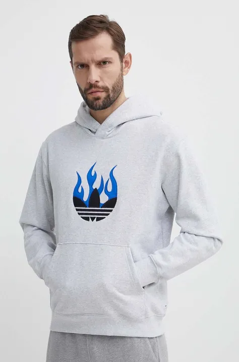 Bombažen pulover adidas Originals moški, siva barva, s kapuco, IS2947