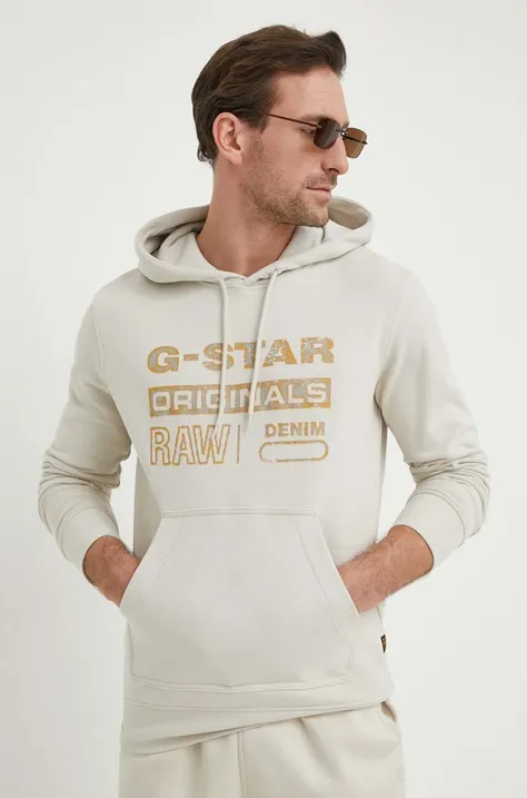 Хлопковая кофта G-Star Raw мужская цвет бежевый с капюшоном с принтом