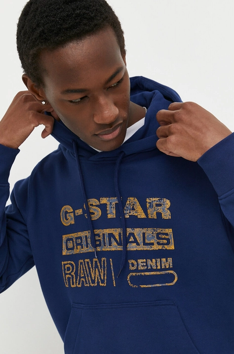 Памучен суичър G-Star Raw в синьо с качулка с принт