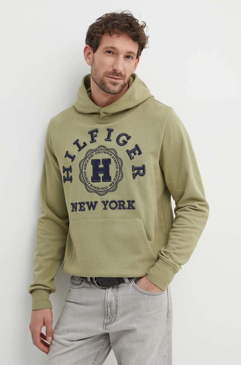 Tommy Hilfiger bluza z domieszką lnu kolor zielony z kapturem z aplikacją MW0MW34447