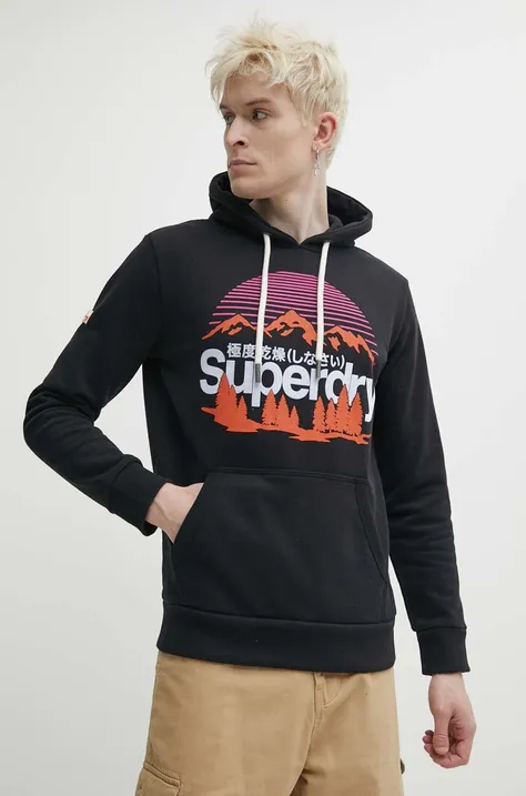 Кофта Superdry мужская цвет чёрный с капюшоном с аппликацией