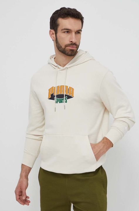 Βαμβακερή μπλούζα Puma χρώμα: μπεζ, με κουκούλα, 624396