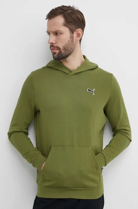 Bombažen pulover Puma moška, zelena barva, s kapuco