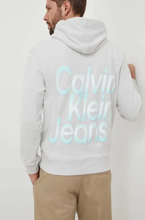 Bombažen pulover Calvin Klein Jeans moška, siva barva, s kapuco