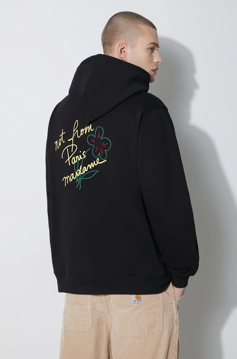 Βαμβακερή μπλούζα Drôle de Monsieur Le Hoodie Slogan Esquisse χρώμα: μαύρο, με κουκούλα, D-HO150-CO127-BL