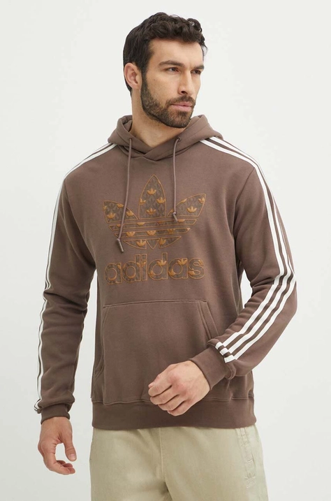 Bombažen pulover adidas Originals moški, bež barva, s kapuco, IS0259