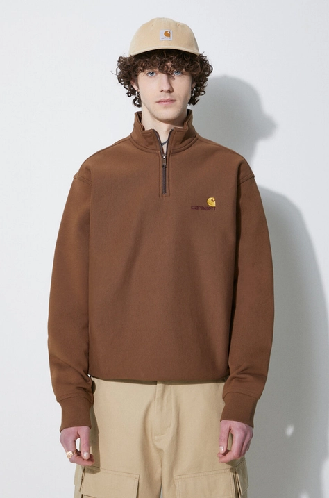 Carhartt WIP bluza Half Zip American Script Sweat barbati, culoarea maro, neted, I027014.1ZDXX