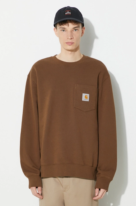 Carhartt WIP hanorac de bumbac Pocket Sweat barbati, culoarea maro, neted, I030903.1ZDXX