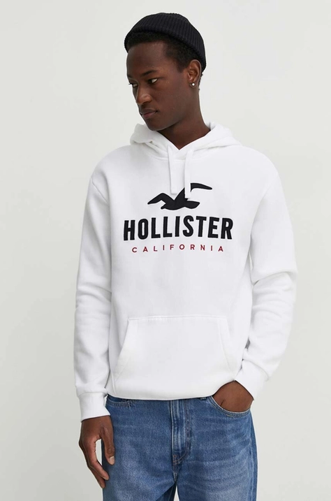 Hollister Co. bluza barbati, culoarea alb, cu glugă, cu imprimeu