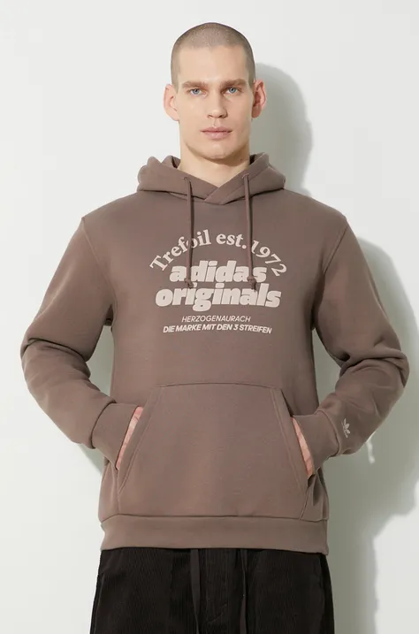adidas Originals bluză Hoodie bărbați, culoarea maro, cu glugă, cu imprimeu, IU0218