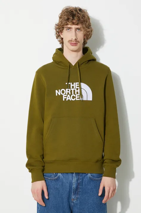 Памучен суичър The North Face M Drew Peak Pullover Hoodie в зелено с качулка с апликация NF00AHJYPIB1
