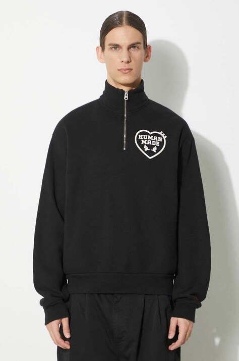 Bavlnená mikina Human Made Military Half-Zip Sweatshirt pánska, čierna farba, s potlačou, HM27CS021