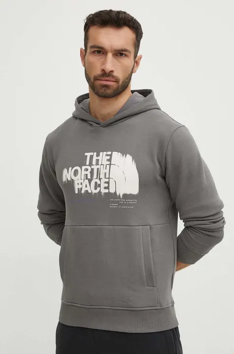 Bombažen pulover The North Face moški, siva barva, s kapuco, NF0A87ET0UZ1