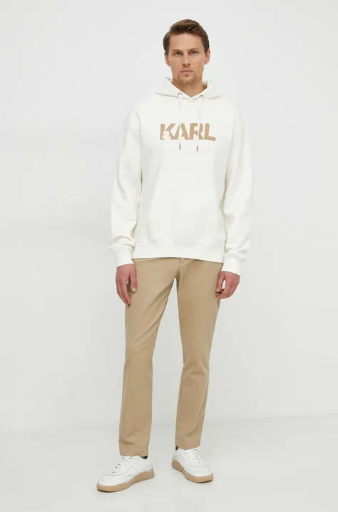 Karl Lagerfeld bluza męska kolor beżowy z kapturem z nadrukiem