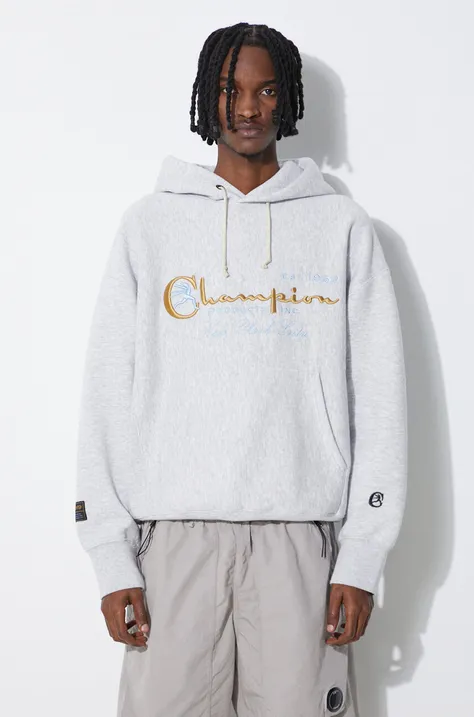 Кофта Champion чоловіча колір сірий з капюшоном з аплікацією 219997